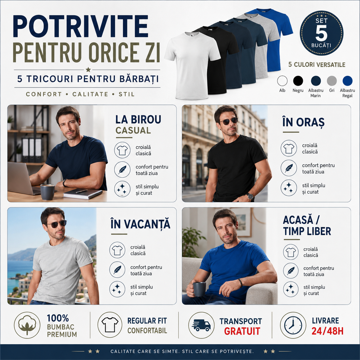 Set 5 tricouri bărbați potrivite pentru birou, oraș, vacanță, acasă și timp liber